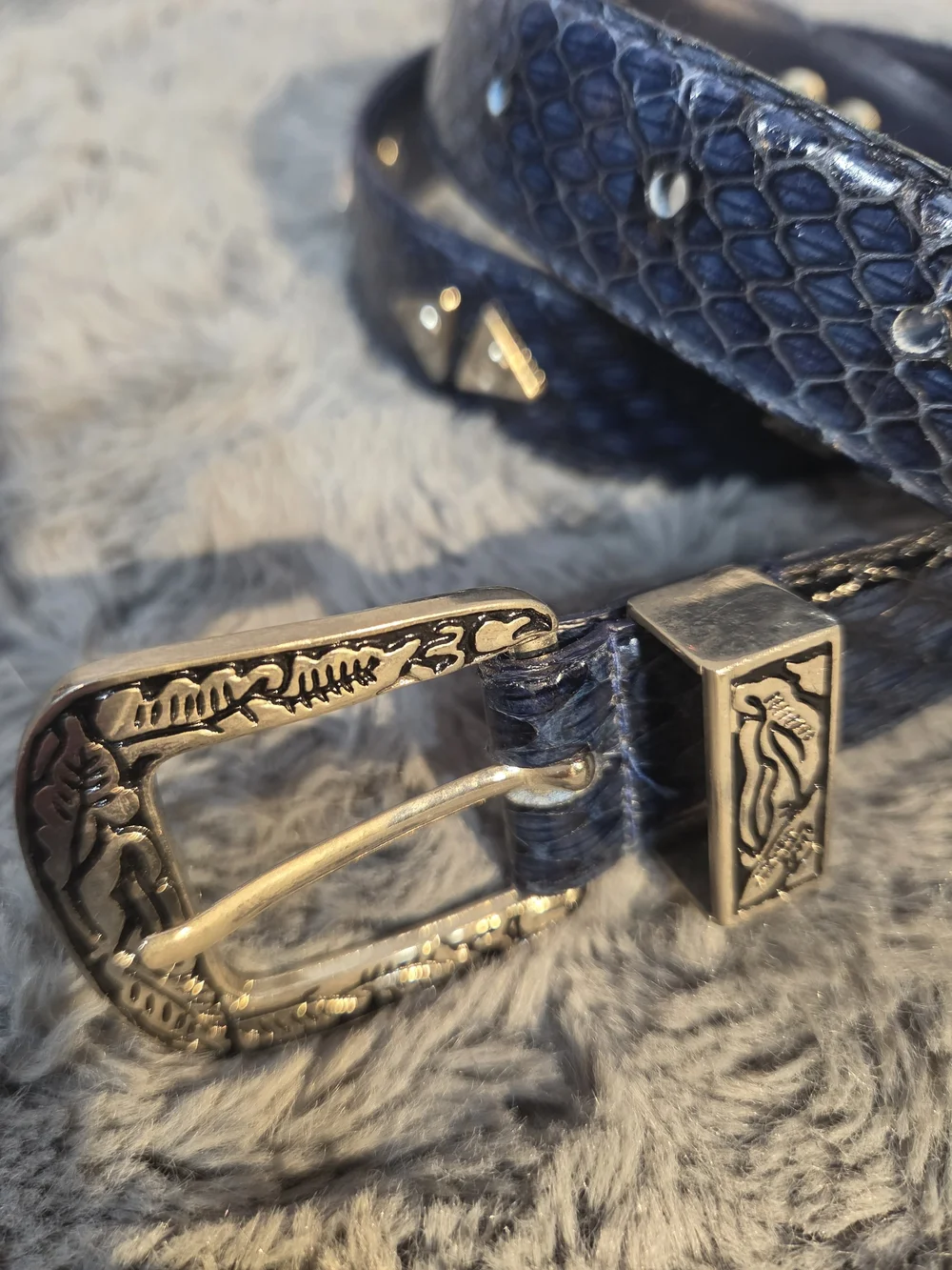 Lee Sands Snake Skin Blue  Leather Western Belt with Decorative Silver Buckle